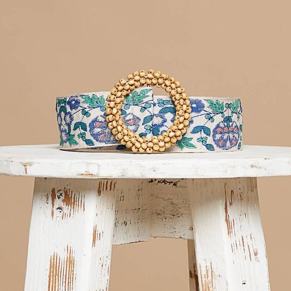 Blue Floral Print Belt Circular Buckle